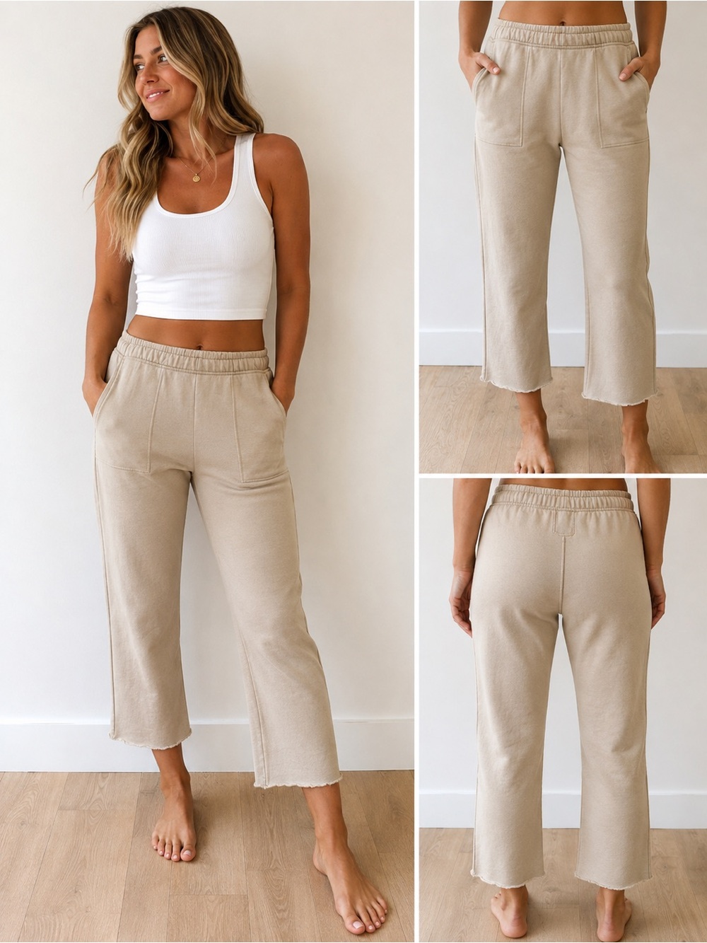 Aerie Beige Cropped Sweatpants Raw Hem Size Small